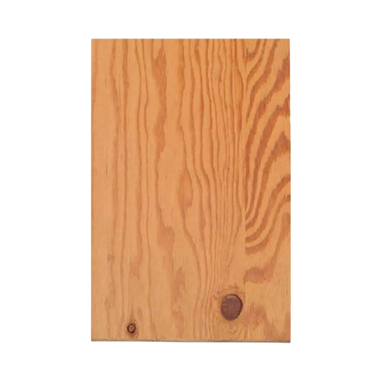 The Go Build 23/32 in. x 4 ft. x 8 ft. Fir Sheathing Plywood features natural wood grain and two knots, shown on a white background—ideal for jobsite utility applications. Brand: The Fastest Way To Build.